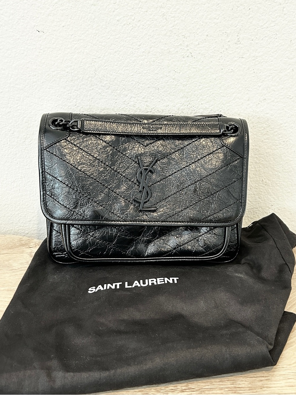 SAINT LAURENT Niki Medium Leather Shoulder Bag Black on Black, Retail $3250.